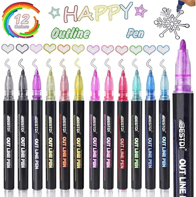 12 Color Outline Glitter Markers Dual Line Effect for Kids